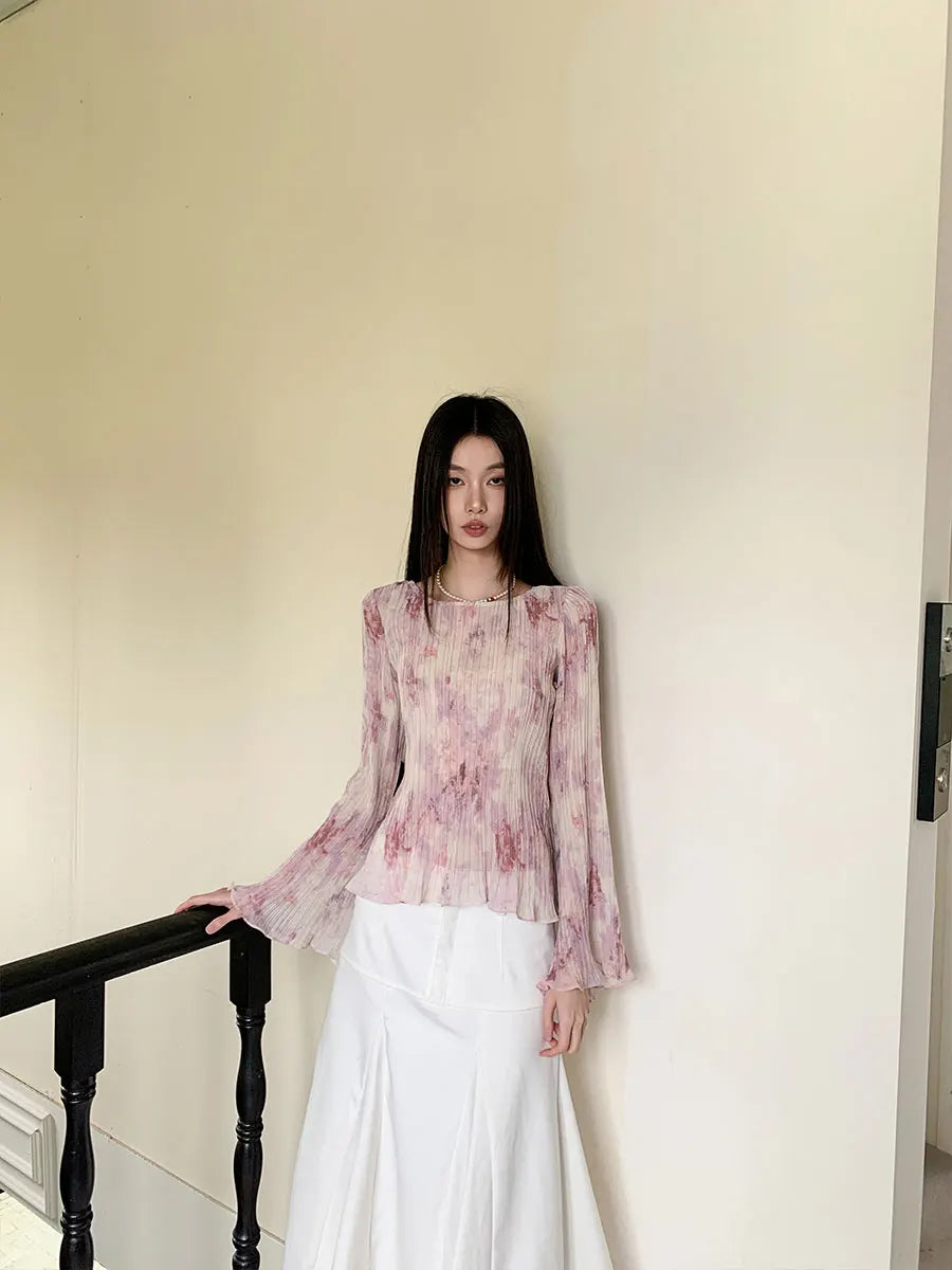 Chemisier rose tie-dye à manches longues plissé évasées pour femme