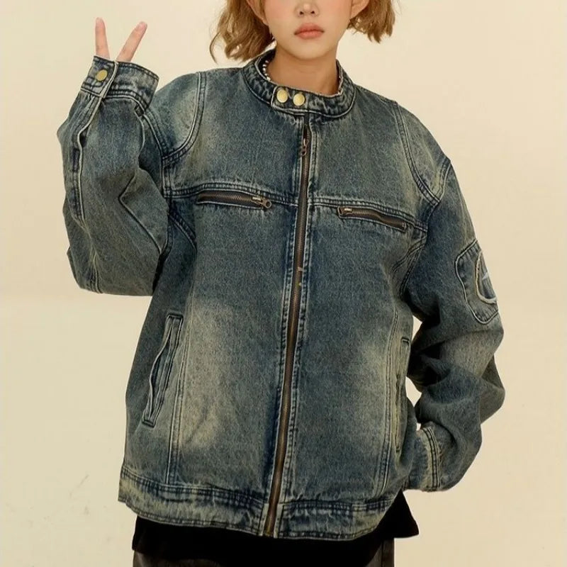 Loose Blue Denim Jacket with Pockets