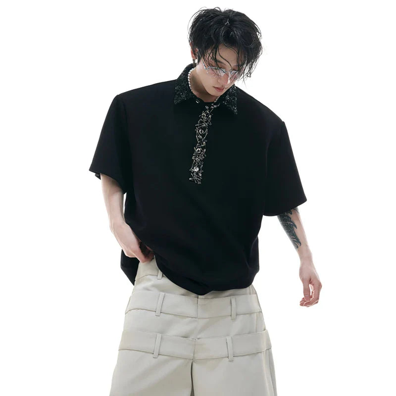 오리지널 패치워크 장식 숄더 티셔츠