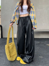 Y2K Urban Relax Preppy High Waist Leather Pants