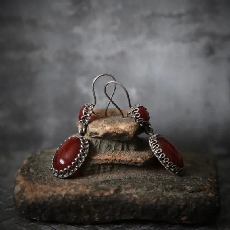 Red Zircon Inlaid Oval Drop Earring