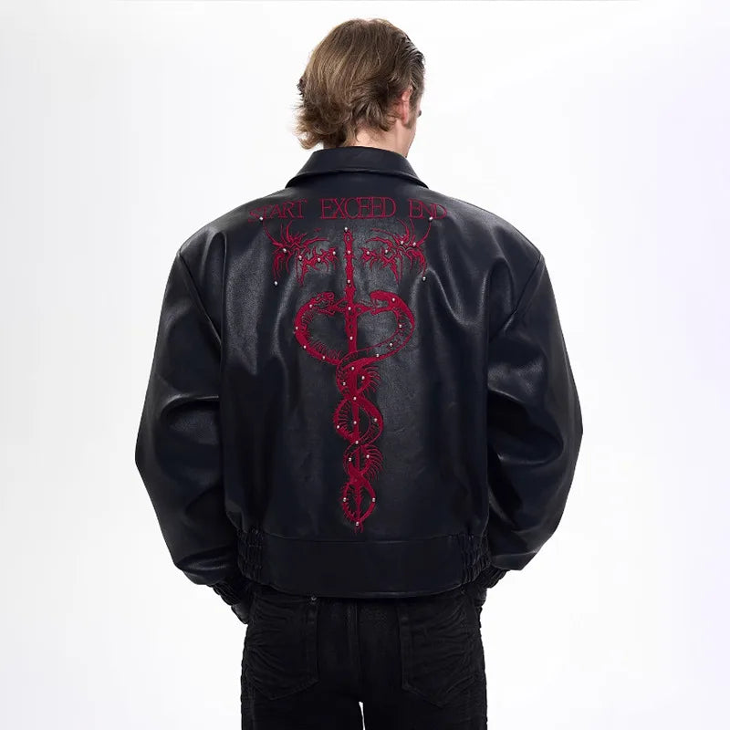 Men Premium Embroidered Patchwork Leather Jacket