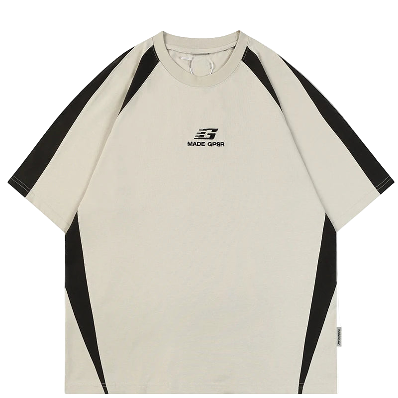 Beige t-shirt with black accents and a brand logo on a white background