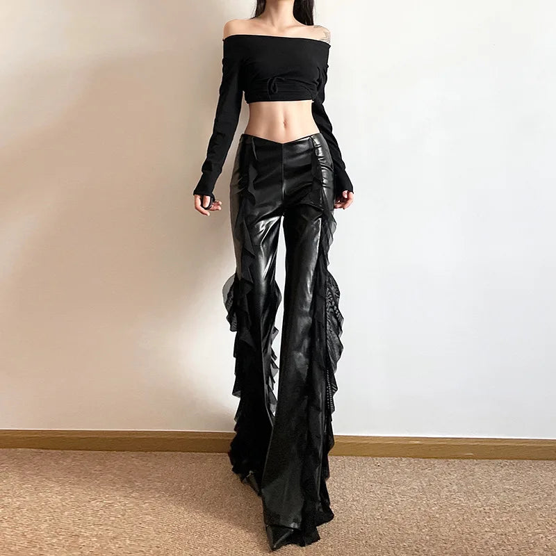 Faux Patchwork Mesh High Leather Pants