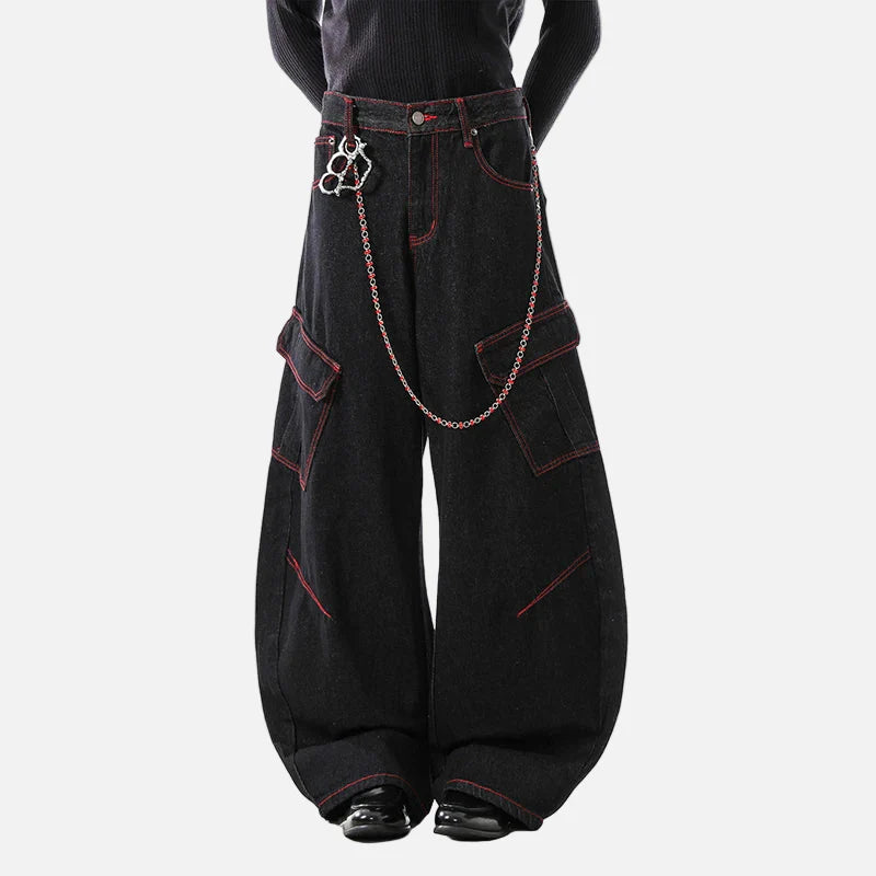 Streetwear Curved Knife Wide Leg Denim Cargo Jeans