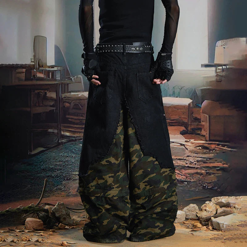 Streetwear Camouflage Splicing Wide Leg Cargo Jeans