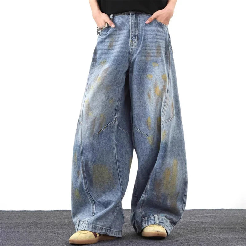 Jeans streetwear vintage délavés tie-dye graffiti