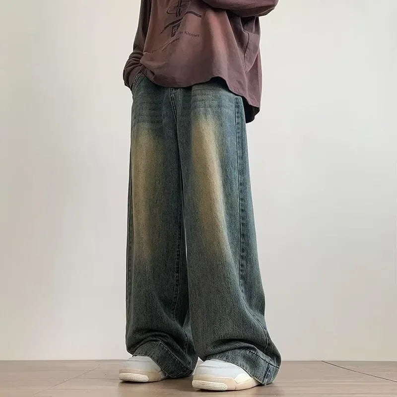빈티지 블루 와이드 레그 데님 진