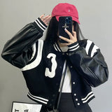 Punk-Style Collegejacke aus schwarzem und weißem Leder