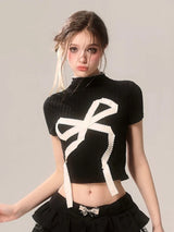 Women Retro Vintage Gothic Bow Print Crop T-Shirt