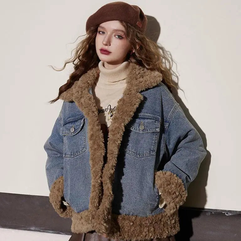 Women Stylish Warm Fleece Cowboy Denim Jacket