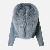 Stylish Mongolian Faux Fur Collar Denim Jacket