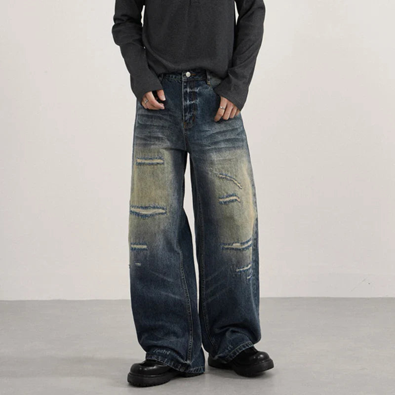 Patchwork Distressed Wide Leg Washing Denim Jeans