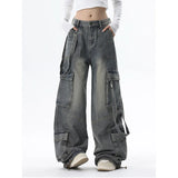 Jean bleu baggy gris taille haute pour femme