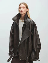 Luxuriöse, übergroße schwarze Lederjacke