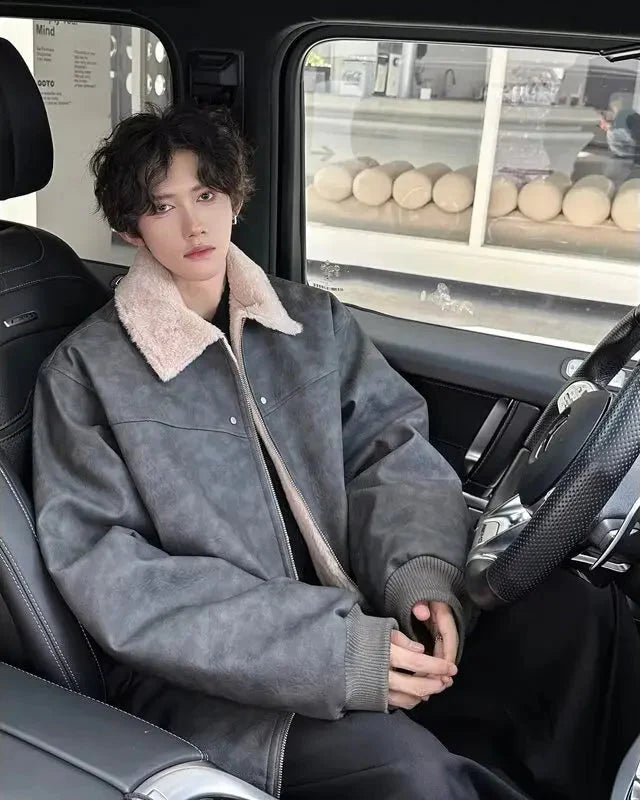 두꺼운 플리스 오토바이 가죽 퍼 재킷
