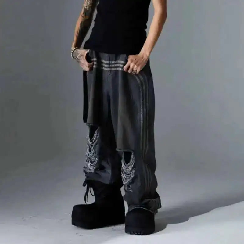 Stylish American Style Punk Patchwork Striped Jeans