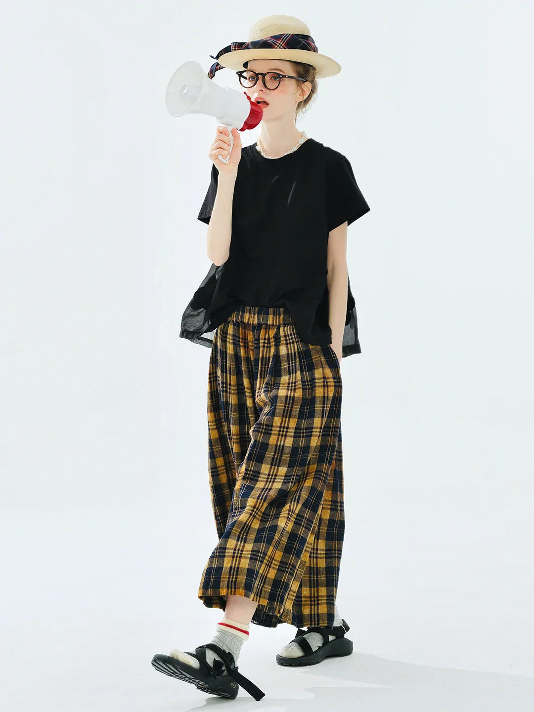 Yellow Black Checkered Elastic Waist Pants