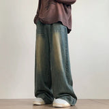 빈티지 디스트로이드 블루 와이드 레그 진