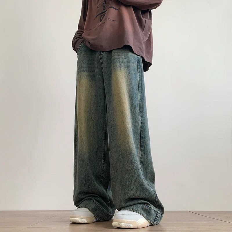 빈티지 디스트로이드 블루 와이드 레그 진