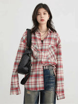 Women Vintage Plaid Oversize Long Sleeve Shirt