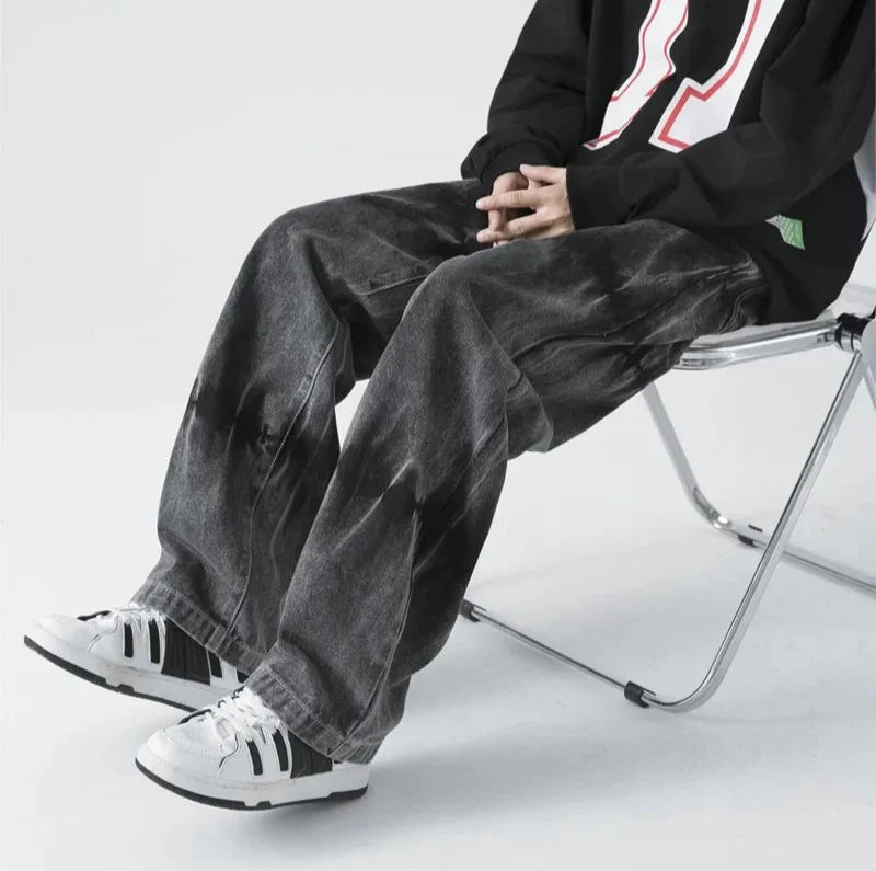 Jeans droits streetwear tie-dye noirs