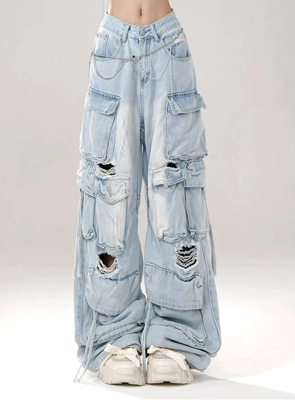 Atmungsaktive Oversized-Cargo-Jeans im Y2K-90er-Jahre-Stil mit Rissen