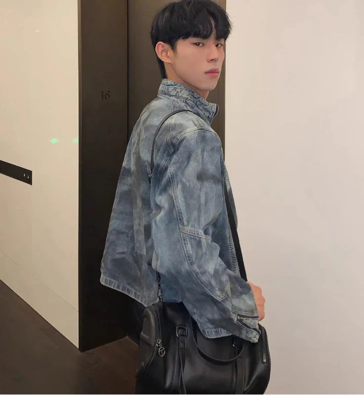 주름 스프레이 페인트 데님 지퍼 재킷