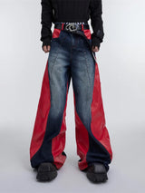 Jeans baggy rouges patchwork streetwear à jambes larges