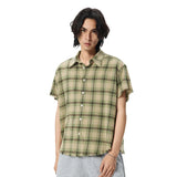 Green Plaid Vintage Lapel Short Sleeve Shirt