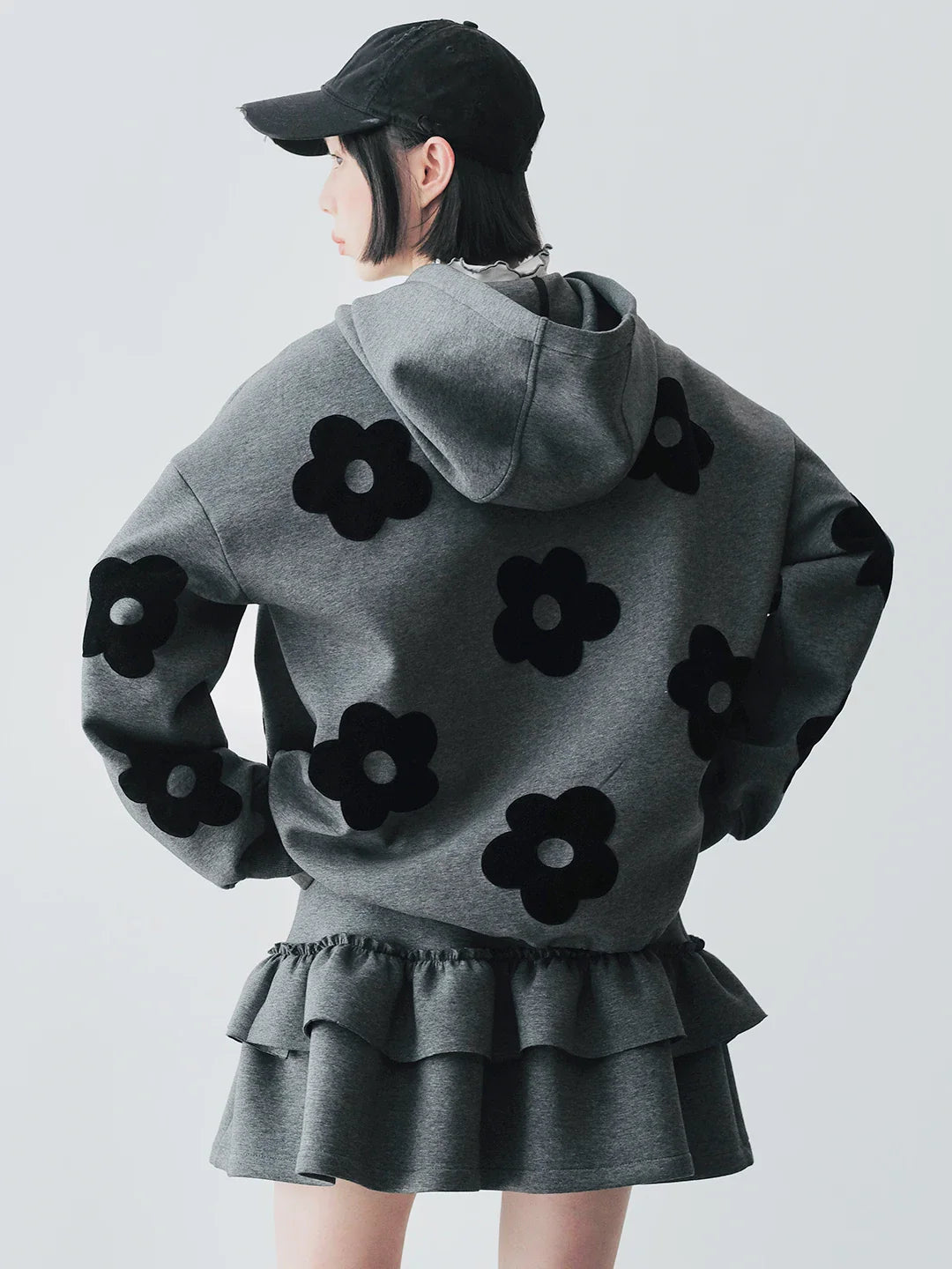 Autumn Gray Floral Patch Casual Hoodie