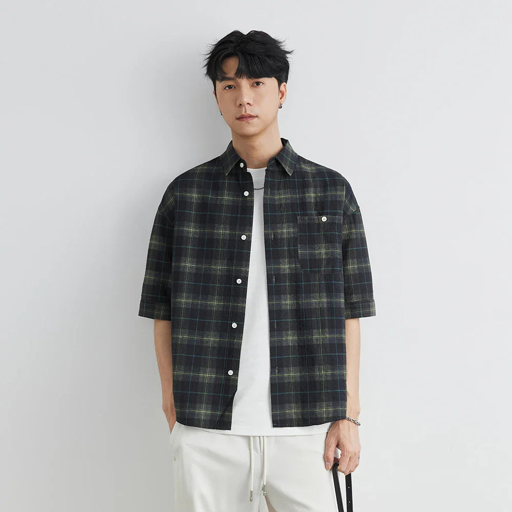 Chemise à carreaux oversize décontractée pour homme, col à revers, boutons