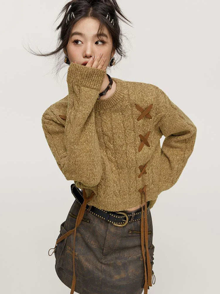 Women Vintage Hip Hop Retro Knitted Lace-Up Sweater