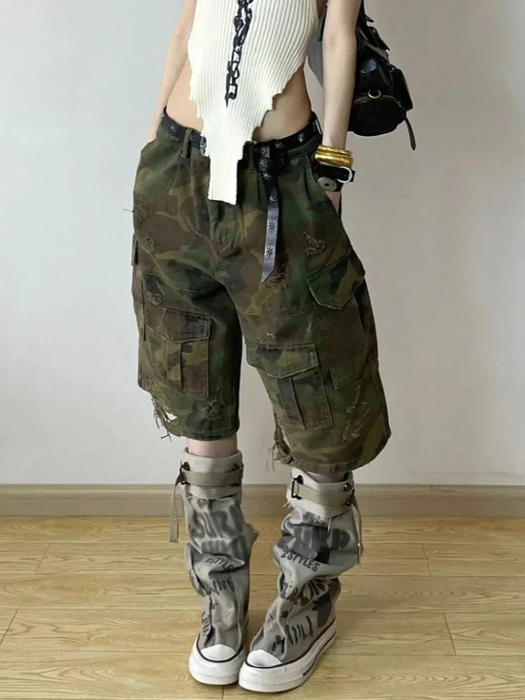Vintage Camouflage High Waist Denim Jorts