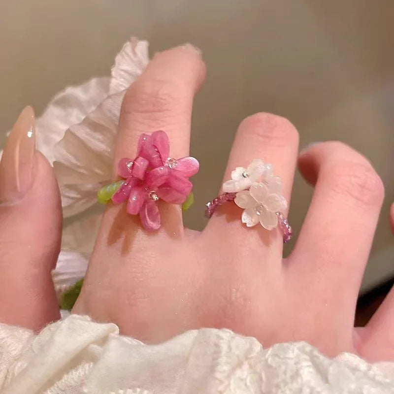 Elegant Floral Glass Bead Stretch Ring
