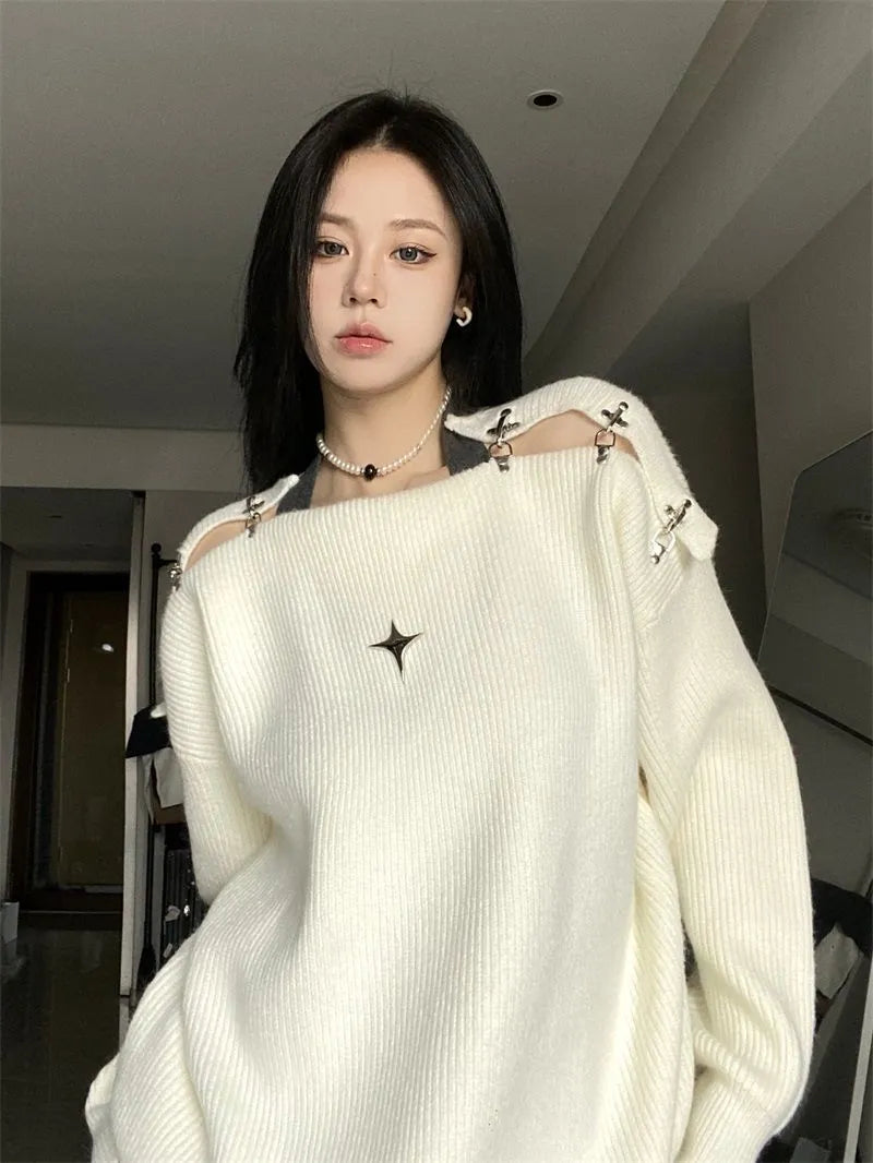 Lockerer schulterfreier Pullover mit Sternenmuster