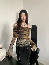 フォークフレアスリーブメッシュニットTシャツ