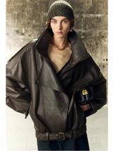 Damen braune Retro-Motorradlederjacke