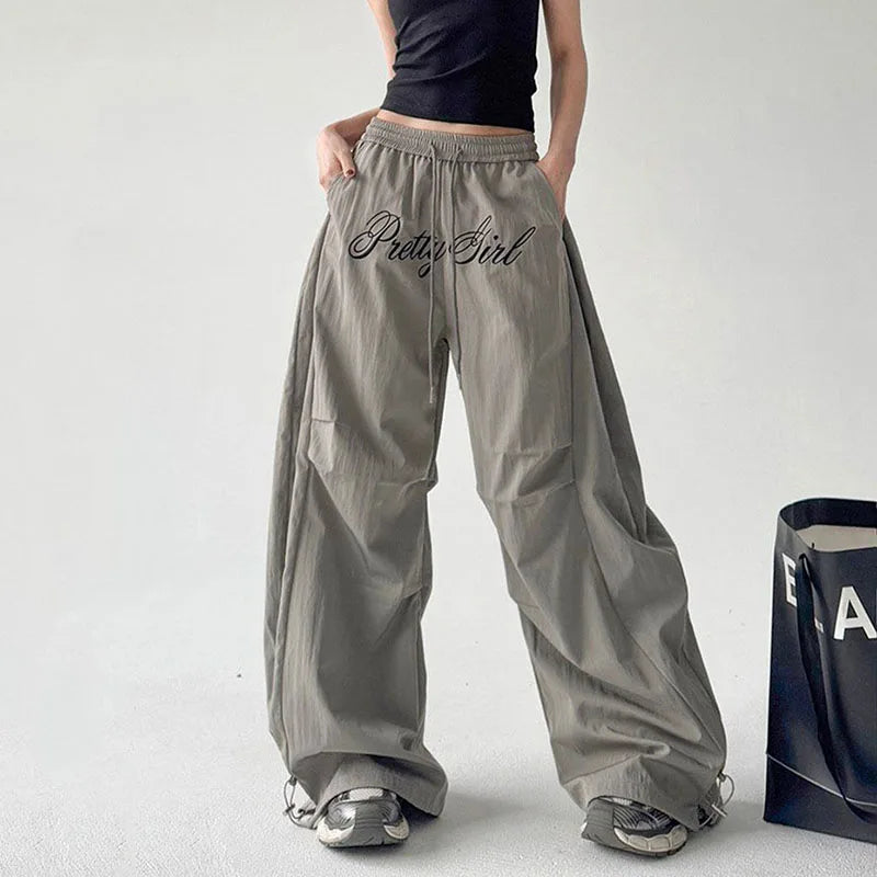 Gray Parachute Letter Embroidery Cargo Pants