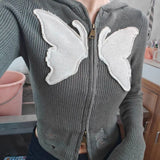 Y2K Butterfly Hole Knitted Zipper Crop Cardigan