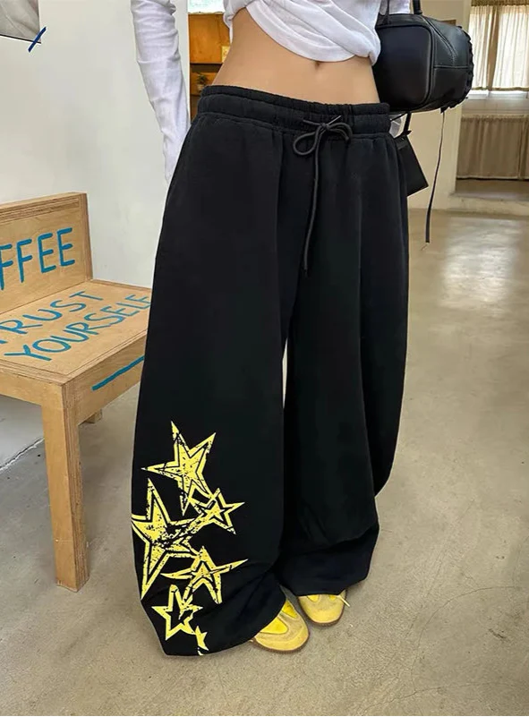 Premium Black Oversize Star Elastic Sweatpants