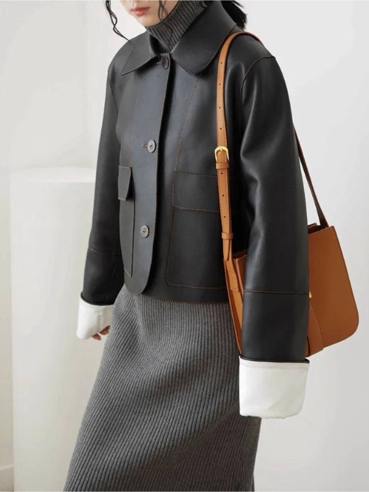 Women Luxury Retro Collar Short Leather Jacket