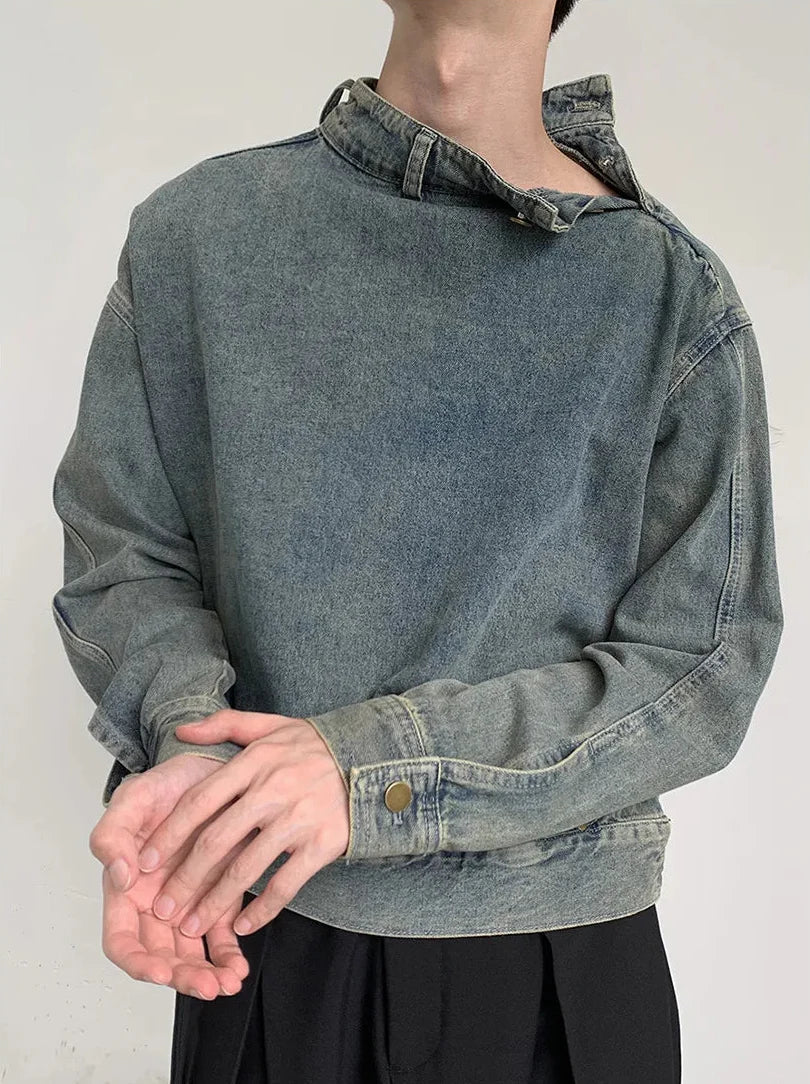 Y2K Washed Buckle Collar Motorcycle Denim Jacket