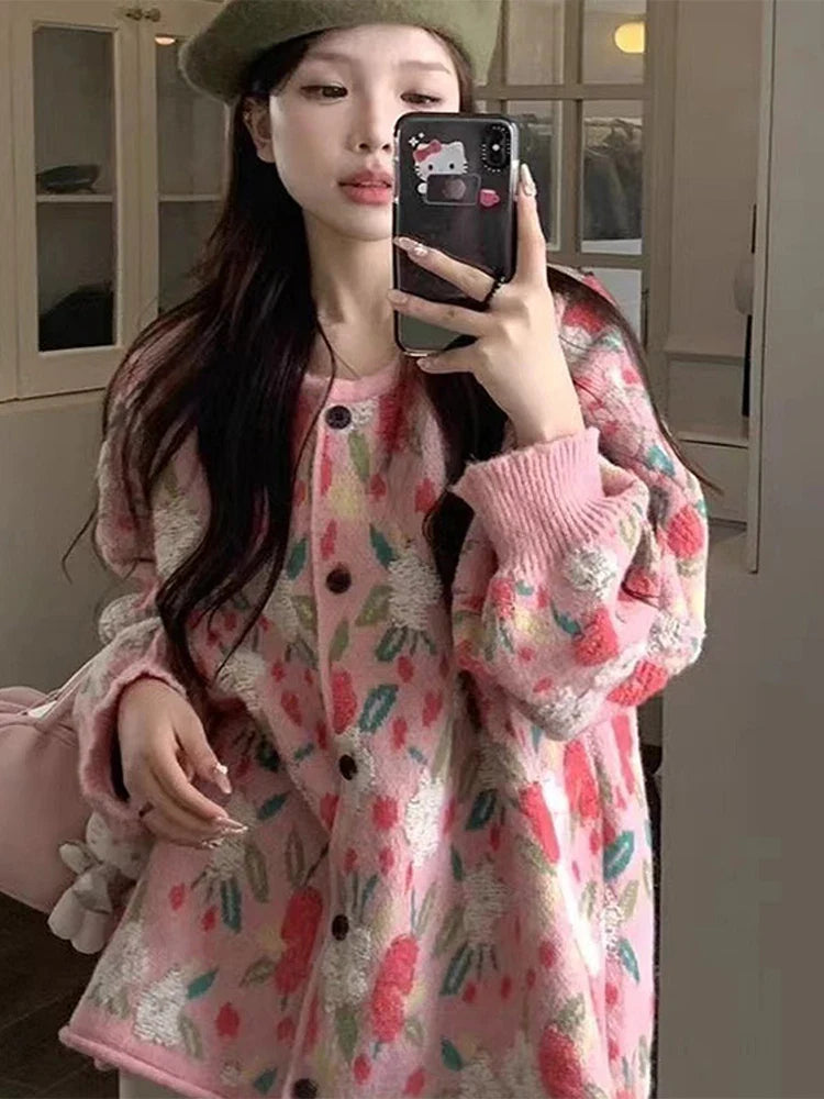 Soft Girl Floral Knit Buttoned Sweater