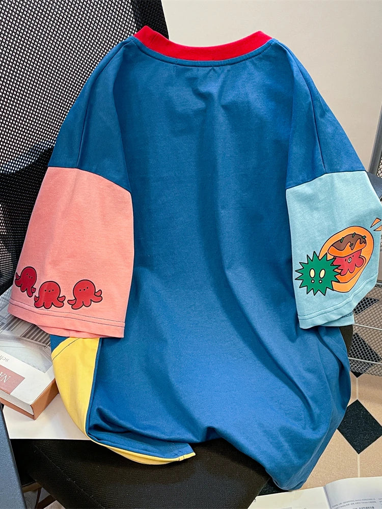 Buntes, übergroßes Fairycore-T-Shirt mit Cartoon-Print