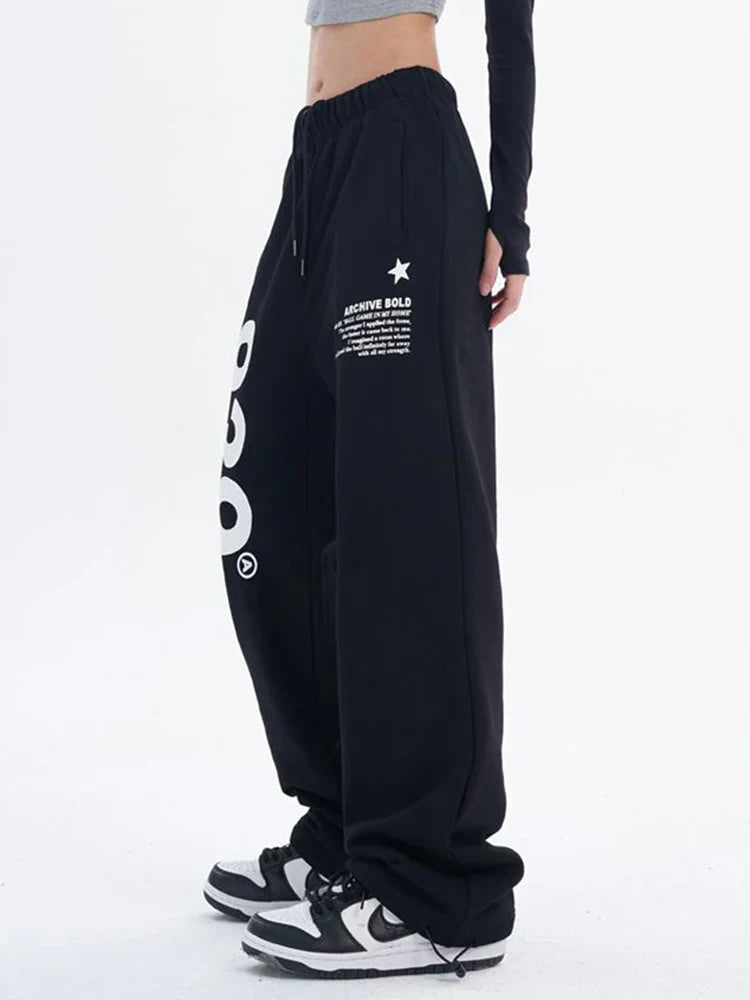 Vintage Black Korean Letter Print Wide Sweatpants