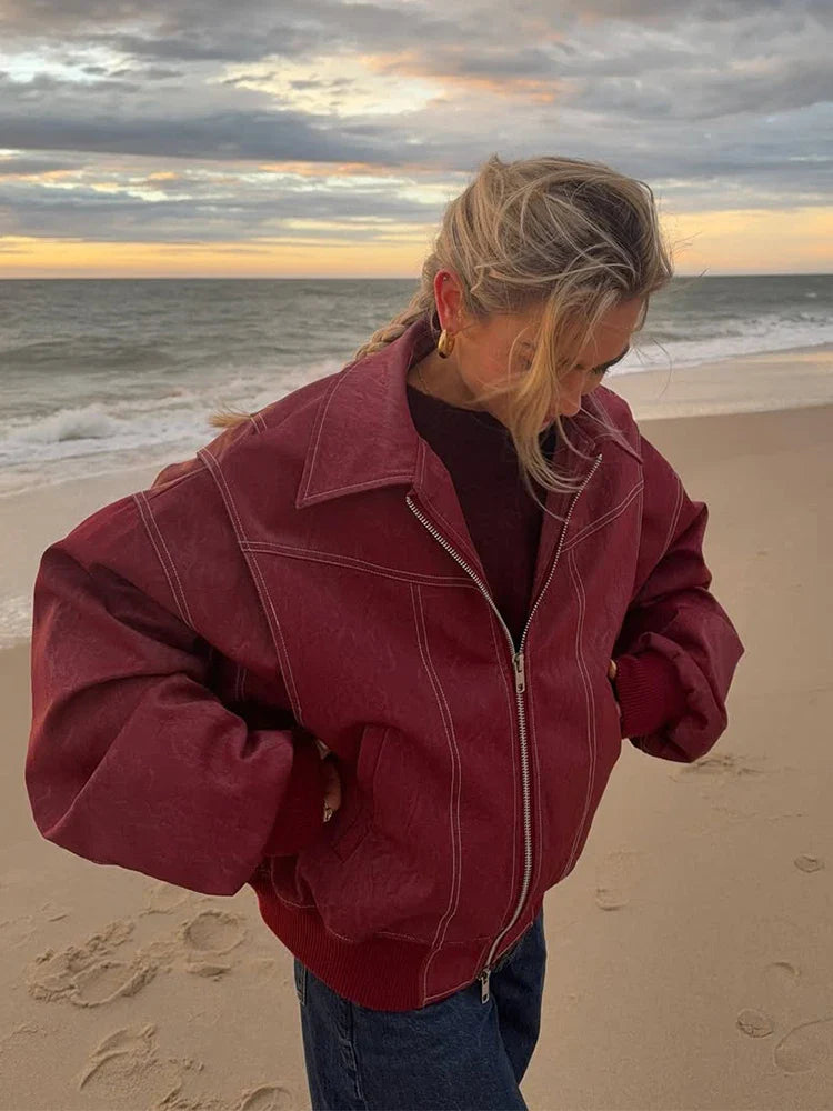 Women Chic Retro Red PU Leather Jacket
