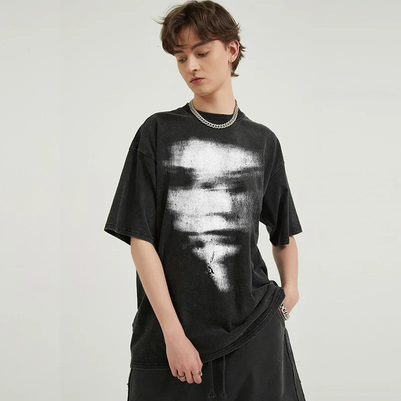 레트로 워싱 블랙 블러리 페이스 티셔츠