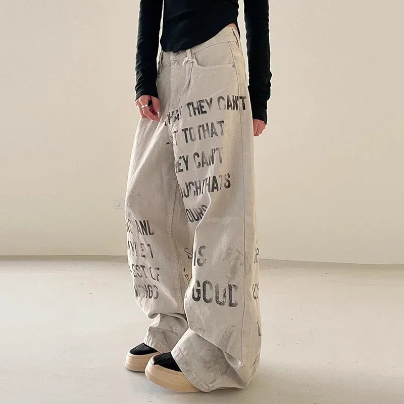 Cool Retro American Letters Print Loose Jeans
