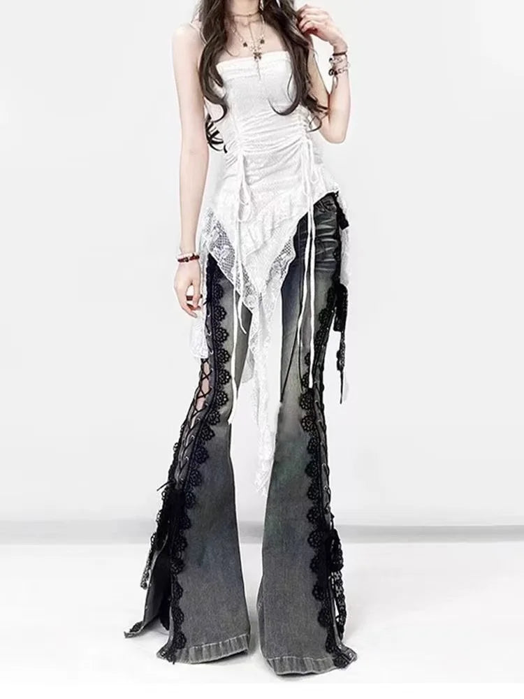 Women Vintage Lace-Up Bell Bottom Jeans